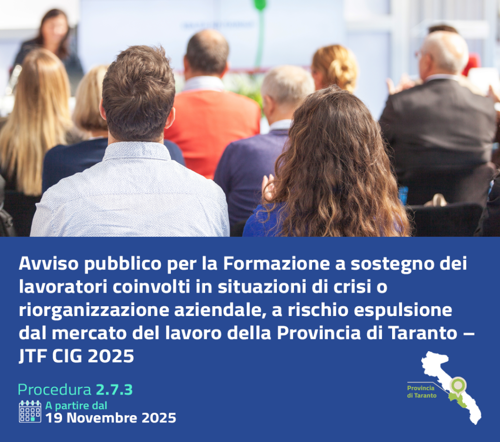 Provincia di Taranto: Avviso JTF CIG 2025 per la formazione dei lavoratori in cassa integrazione guadagni straordinaria